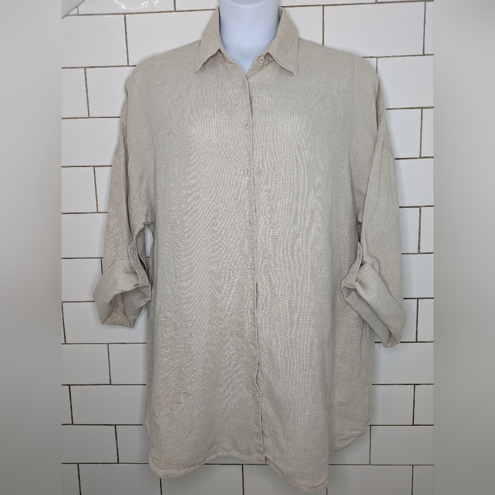 Chico's Size 3 (XL/16-18) Oatmeal 100% Linen X-Long Button Up Roll-tab Shirt